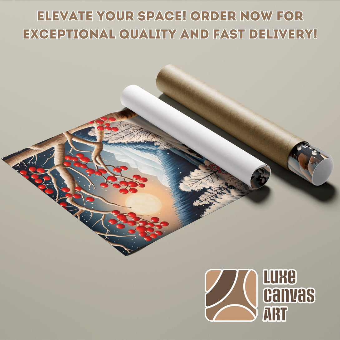 Poster Roll featuring a winter landscape with red berries, in a blue and brown palette. Order today!