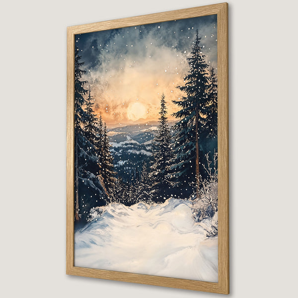 Framed Poster of winter landscape with snow, trees, and sunset. Warm color palette, artistic style. Perfect wall art for your home!