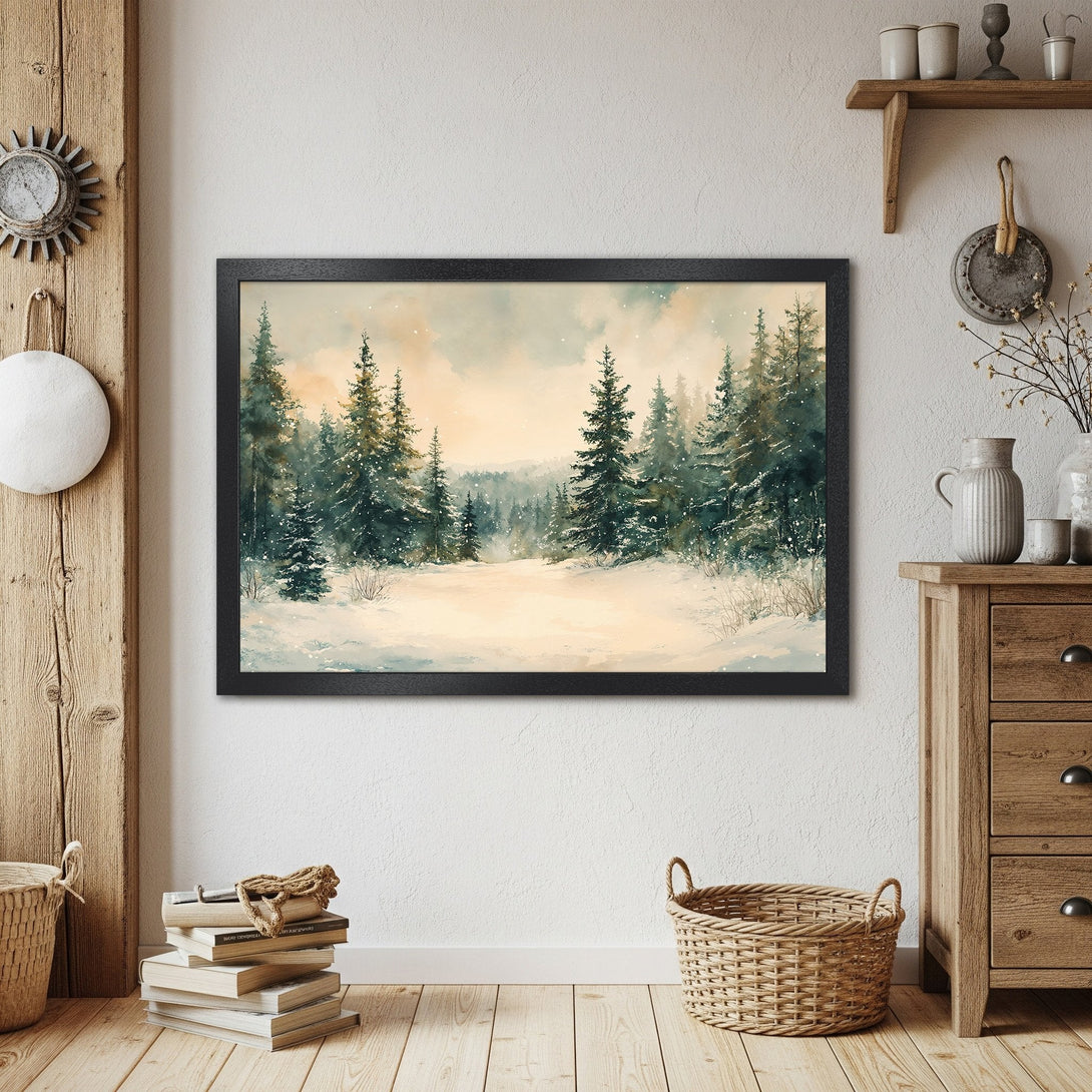 Framed Poster of a winter forest scene in watercolor style. Features a serene snow-covered landscape with a muted green and beige color palette.