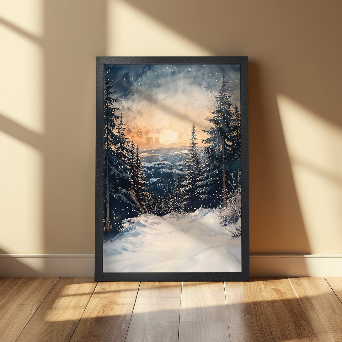 Framed Poster of a winter landscape with snow, trees, and sunset. Watercolor style, featuring blue, white, and orange hues. Perfect wall art!