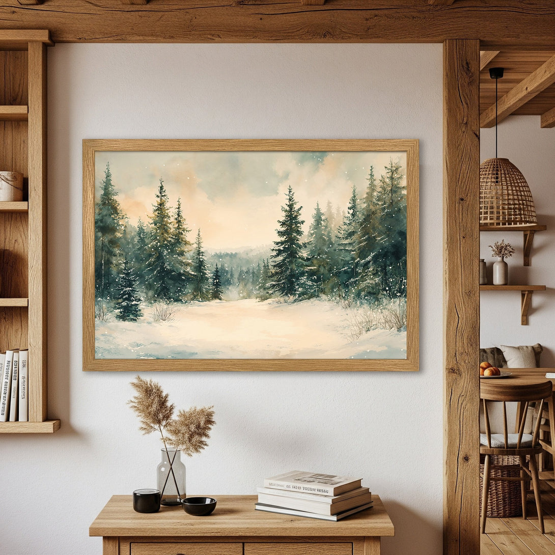 Framed Poster of a serene winter forest scene in watercolor style with a muted green and beige color palette. Perfect for home decor!