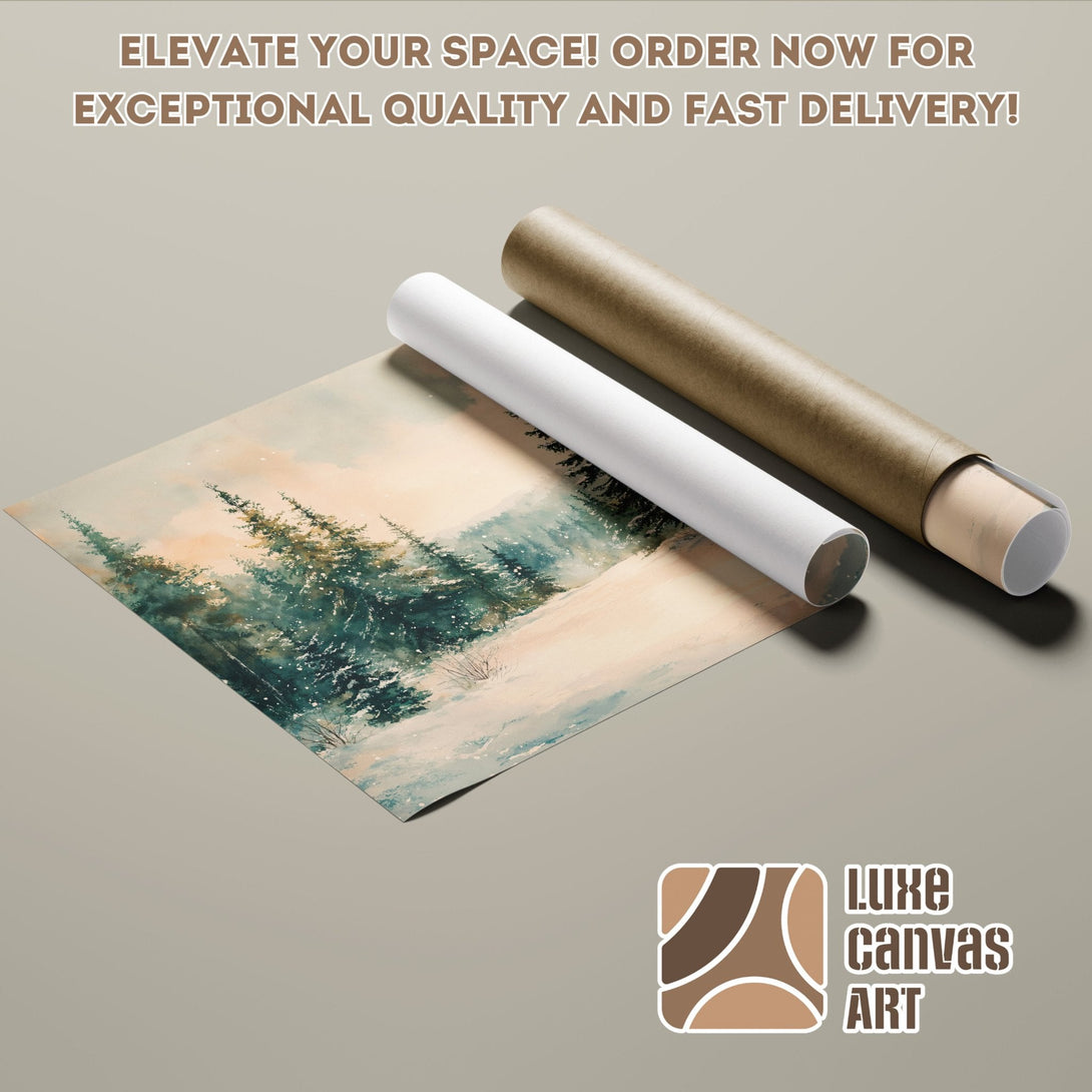 Winter landscape Poster Roll, watercolor style, serene blue, green, and beige color palette. Order now!