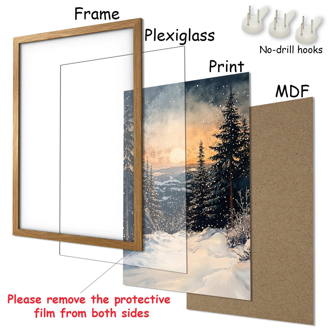 Framed Poster: Winter landscape art print with a warm color palette. Perfect wall decor for your home. Includes frame and hanging hardware.