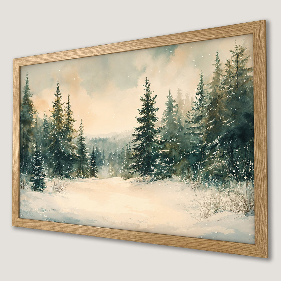 Framed Poster of a serene winter forest scene in watercolor style. Features a cool blue and warm beige color palette. Perfect wall art!