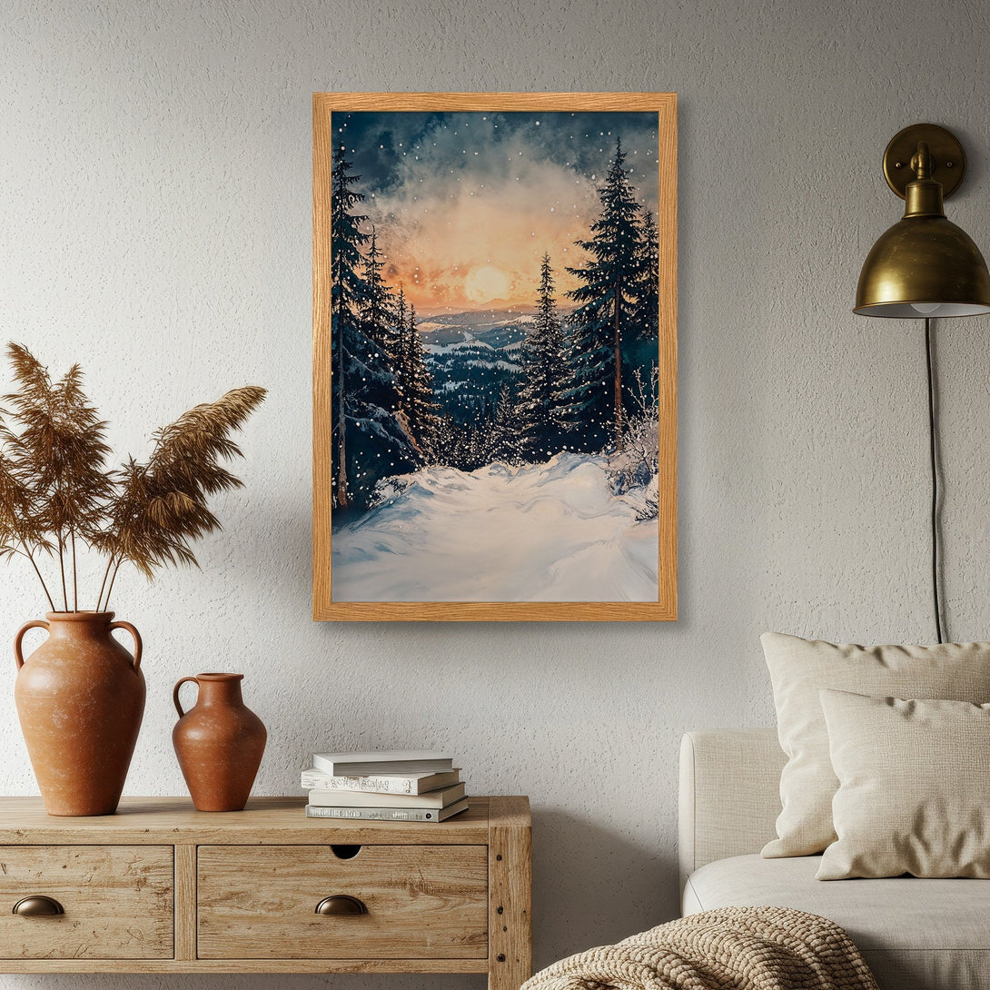 Framed Poster of winter landscape art. Features a snowy forest scene with a warm color palette. Perfect for cozy home decor.
