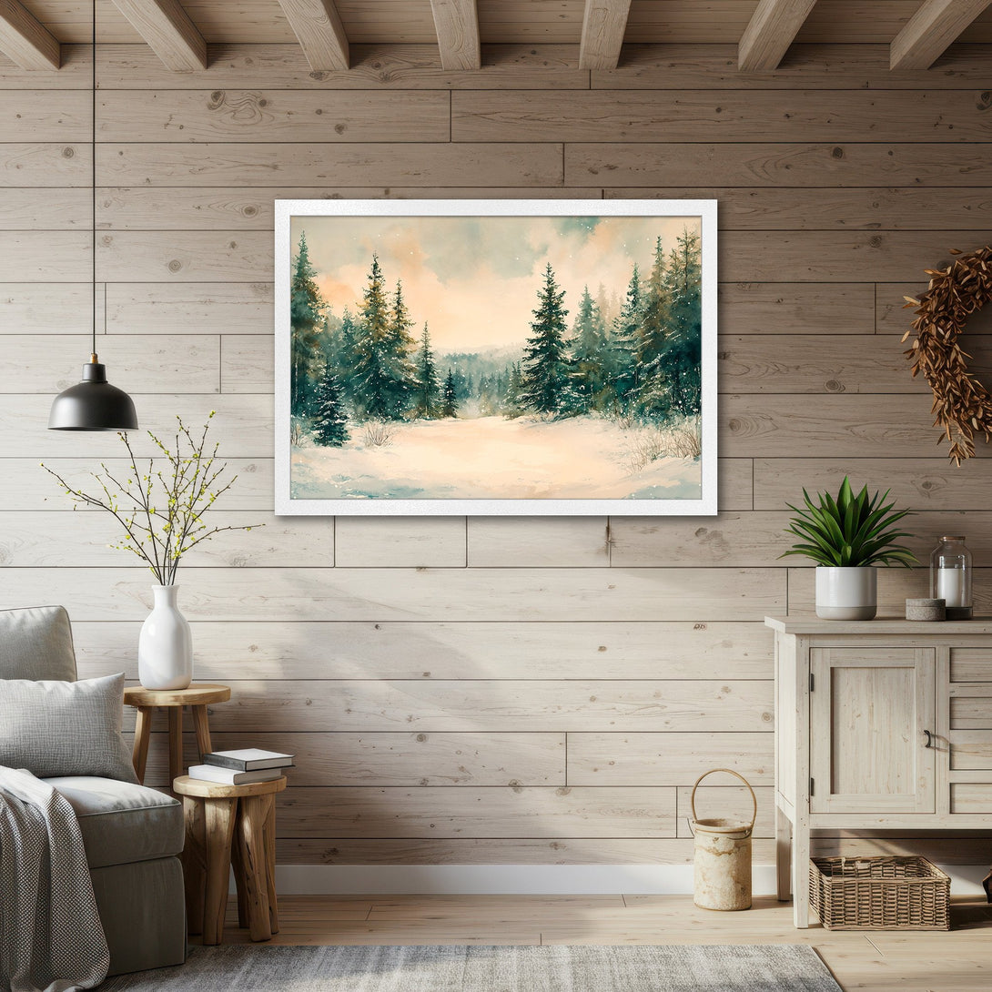 Framed Poster featuring a watercolor winter forest scene. Serene art with a soft, muted color palette. Perfect for adding tranquility to your home.