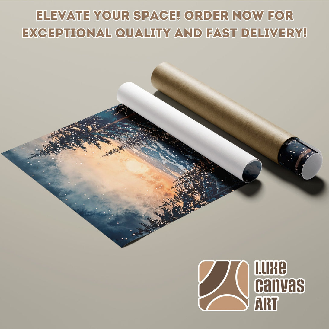 Poster Roll featuring a serene landscape art print with a blue and gold color palette.