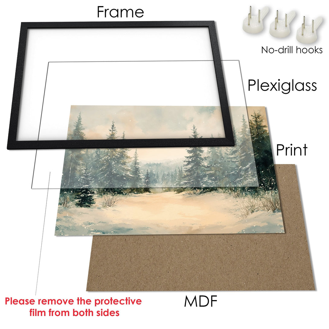 Framed Poster featuring a winter forest scene. Watercolor style with a serene, cool color palette. Perfect wall art!