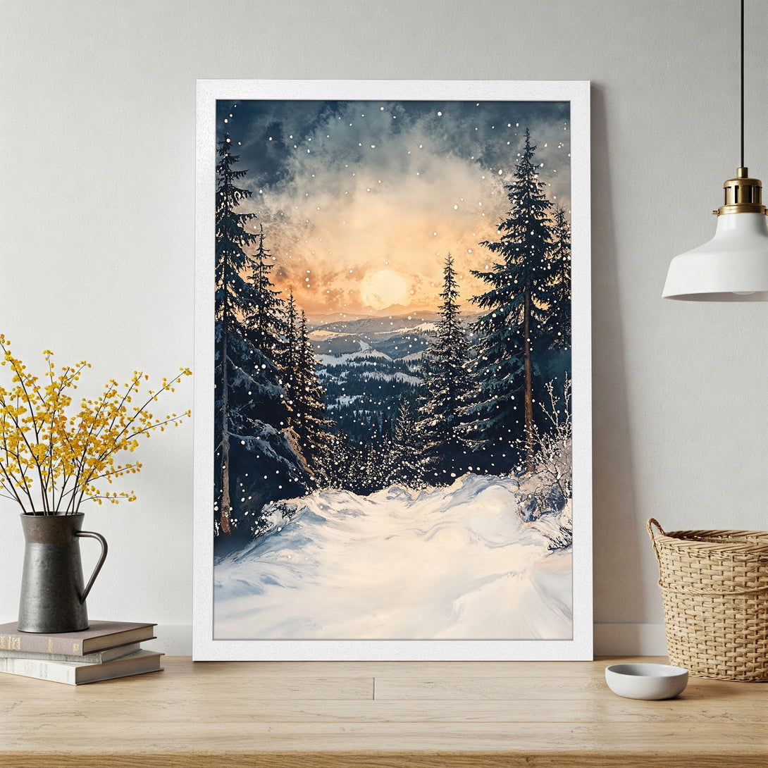 Framed Poster of a winter landscape with pine trees, snowy path, and sunset. Watercolor style art in blue, white, and orange hues.