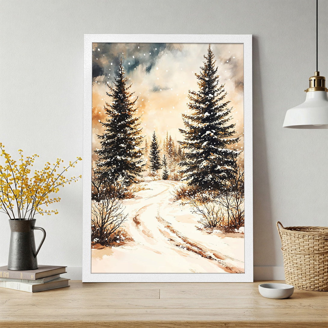 Framed Poster of a winter landscape with snowy trees, in a watercolor style with a warm, neutral color palette. Perfect for home decor!