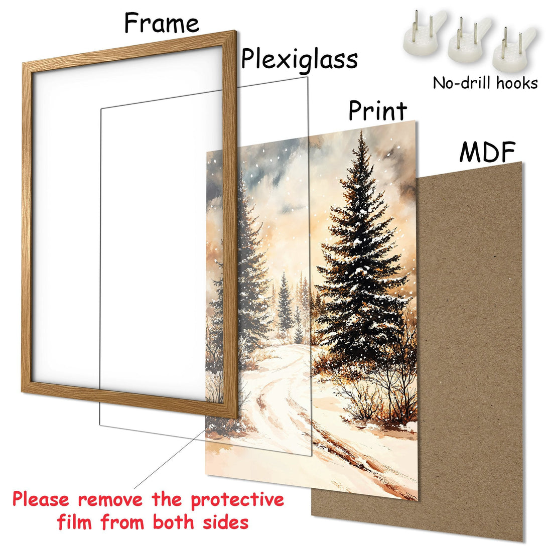 Framed Poster of a winter landscape with snow-covered trees. Earthy tones and a serene, watercolor style. Ready to hang!