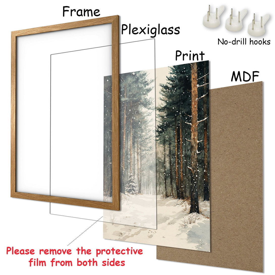 Framed Poster featuring a winter forest scene in watercolor style. Earthy tones with a touch of blue and white. Perfect wall art!