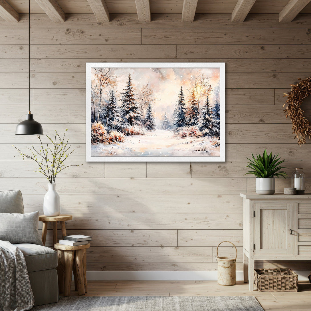 Framed Poster featuring a watercolor winter forest scene in a soft, warm color palette. Perfect for adding a touch of nature to your home.