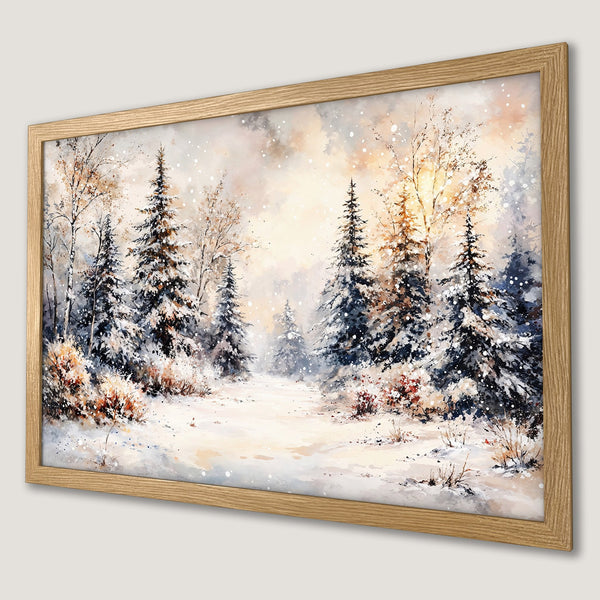 Framed Poster featuring a serene winter forest scene in watercolor style, with a soft, neutral color palette.