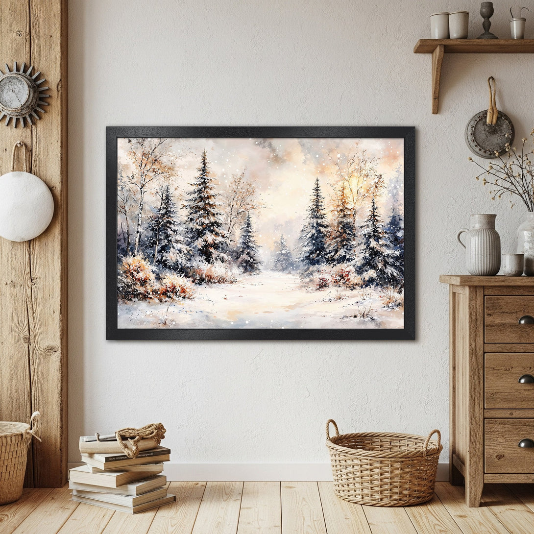 Framed Poster of winter forest scene, watercolor style, with a warm, neutral color palette. Perfect wall art!