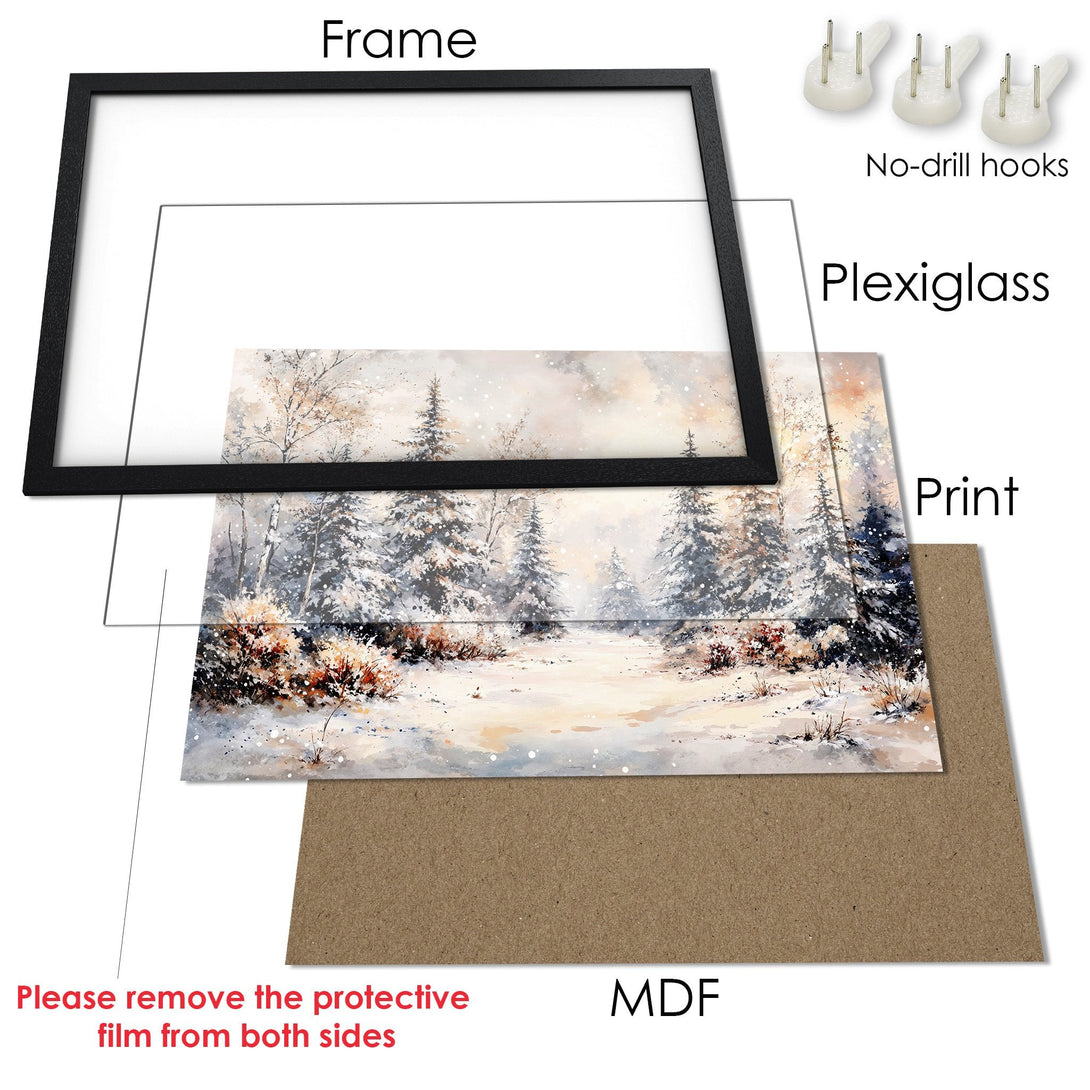 Framed Poster of a winter landscape in watercolor style, featuring a snowy path and trees. Soft, neutral color palette.