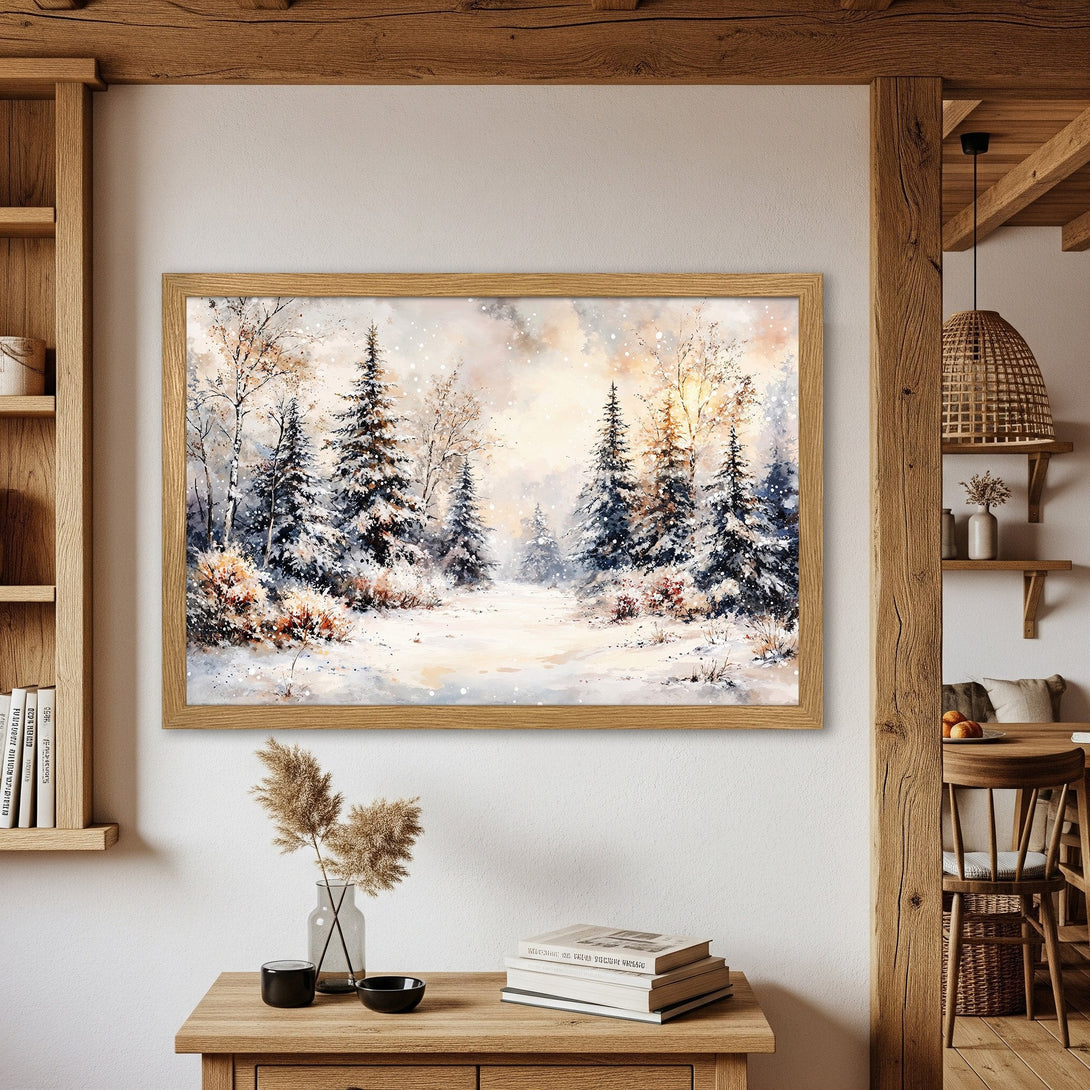 Framed Poster of a serene winter forest scene in watercolor style, showcasing a soft, neutral color palette. Perfect for home decor!