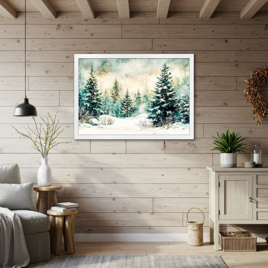Framed Poster featuring a watercolor winter forest scene in teal and gold. Perfect for cozy home decor!