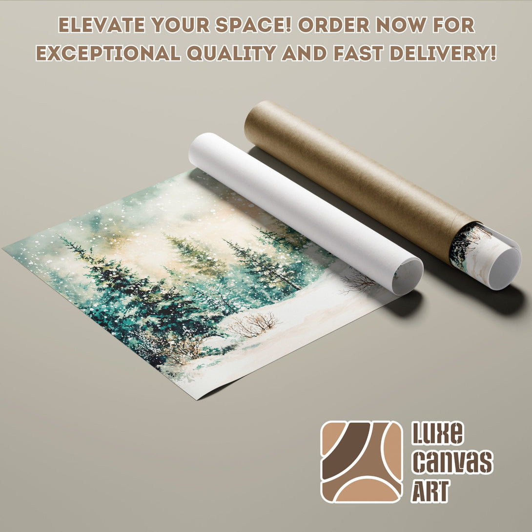 Winter landscape Poster Roll, teal & beige color palette, perfect for home decor. Order now!