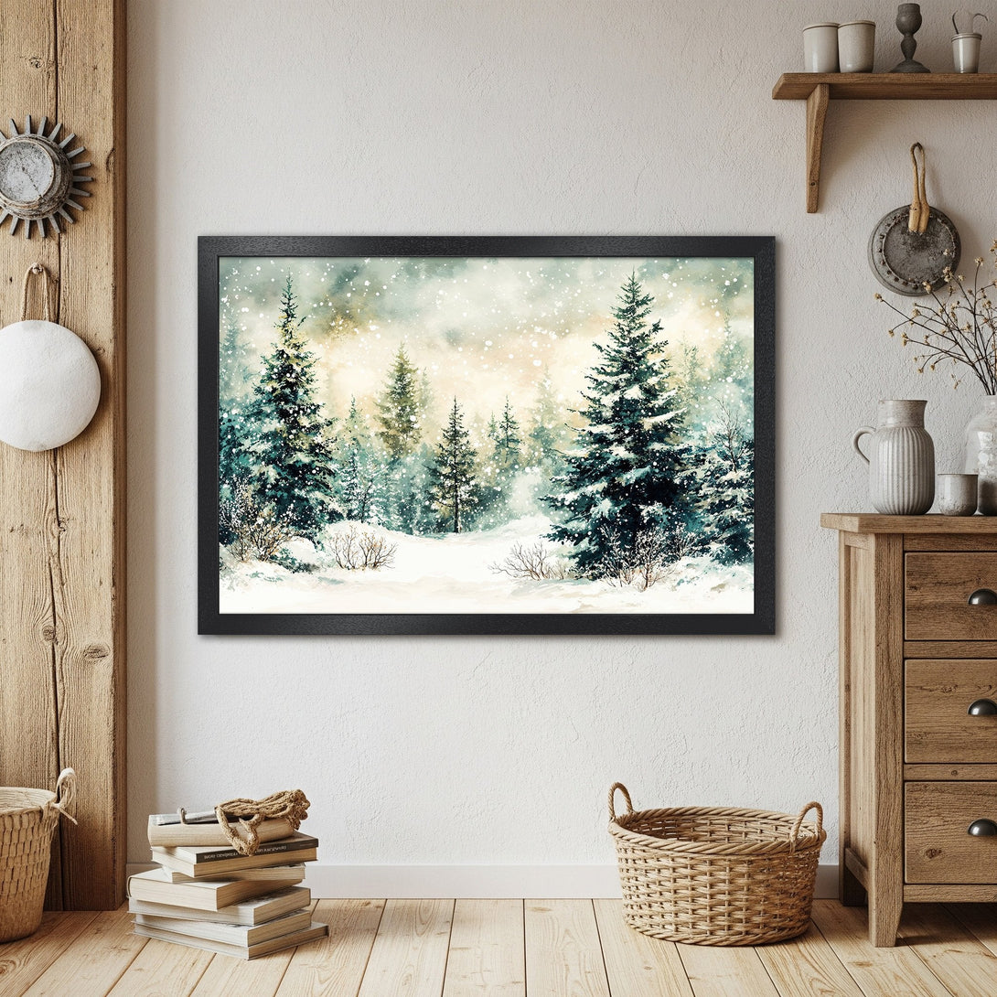 Framed Poster featuring a watercolor winter forest scene in teal and gold hues. Perfect wall art for a cozy home.