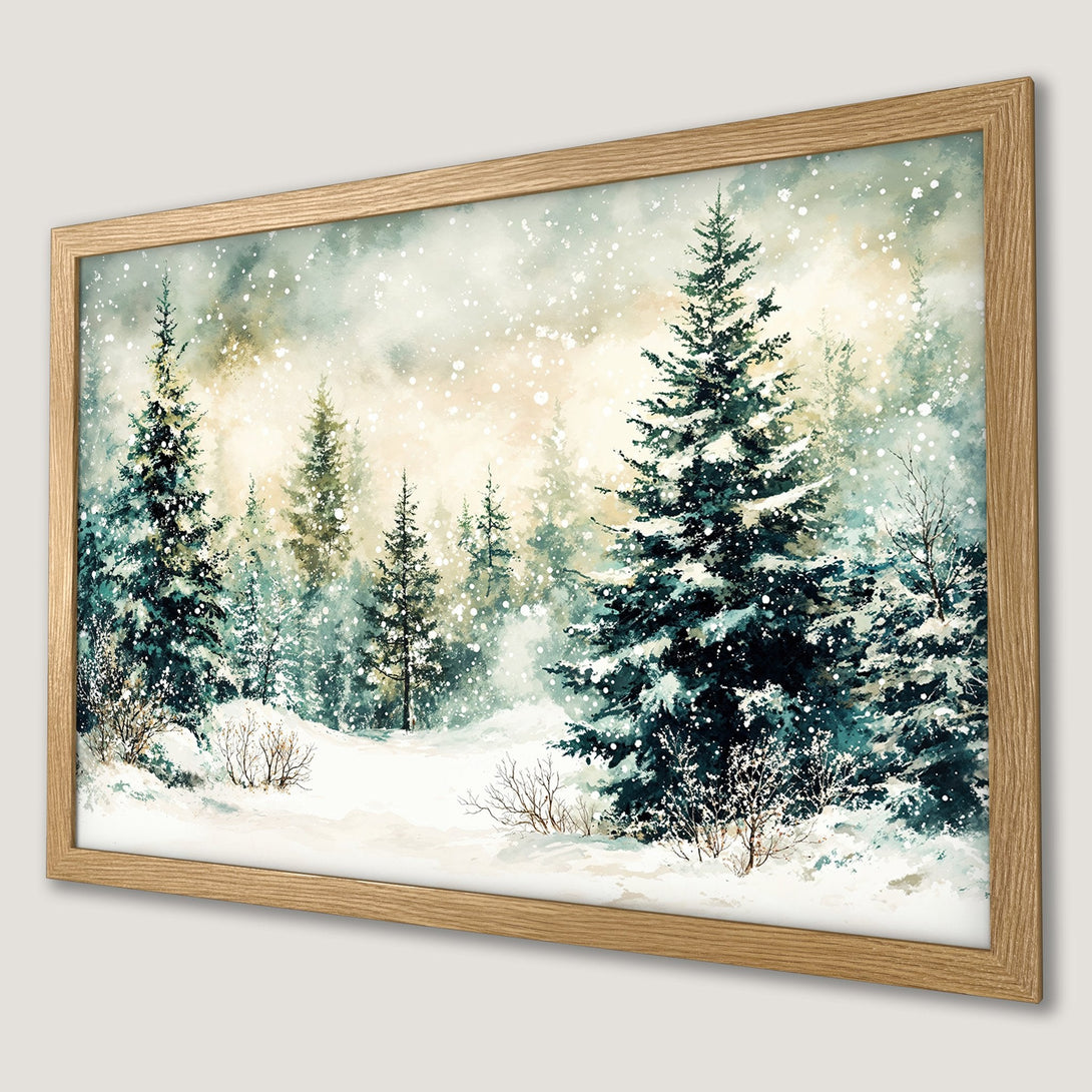 Framed Poster of a winter forest scene in watercolor style with a blue, green, and beige color palette. Bring the serene beauty of nature home!