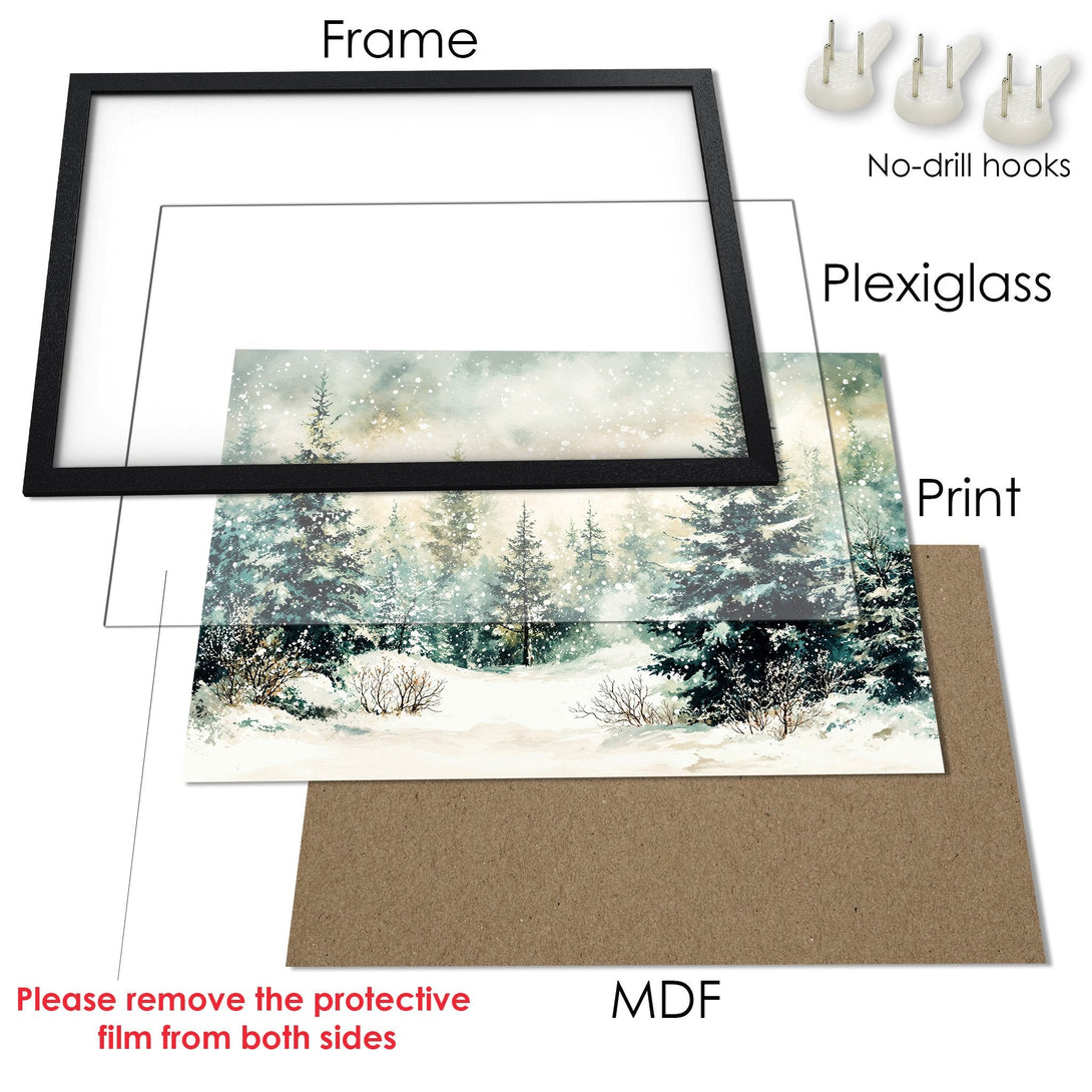 Framed Poster featuring a winter landscape in a watercolor style, with a cool blue and white color palette. Perfect wall art!