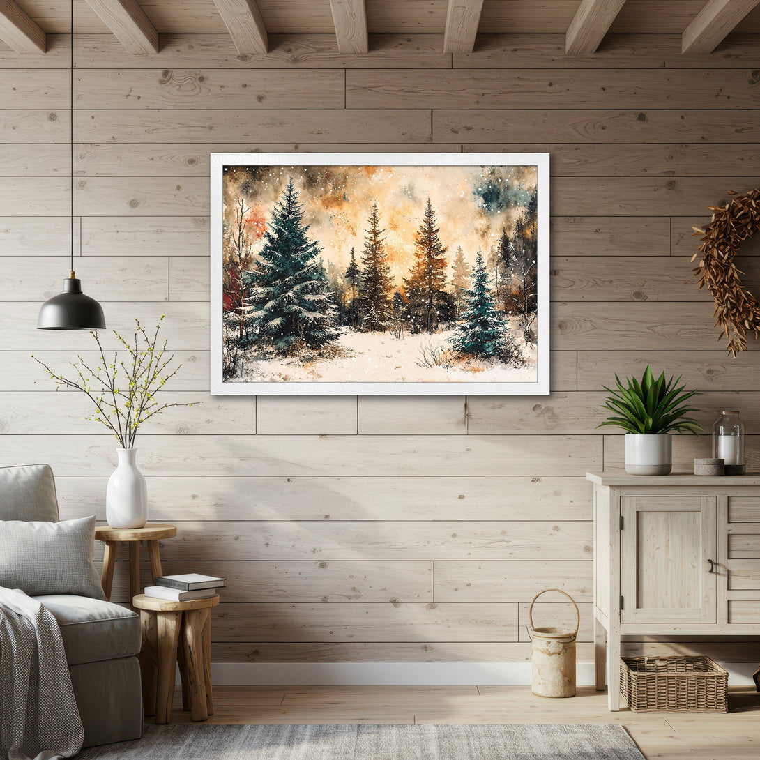 Framed Poster of a watercolor winter forest scene. Warm sunset colors and snowy details create a cozy, artistic aesthetic. Perfect wall art!