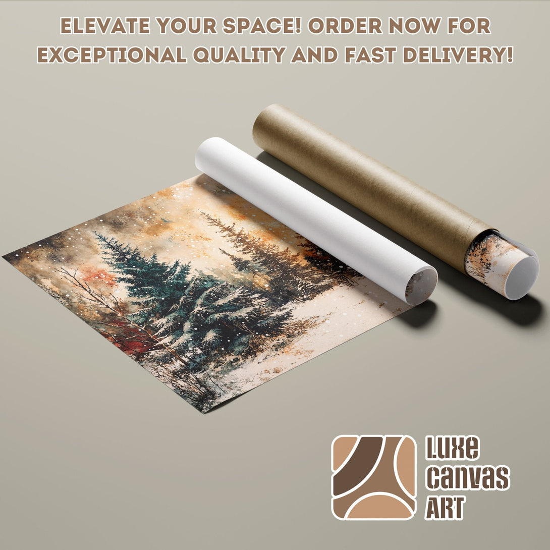 Poster Roll of a winter forest scene, watercolor style, with a warm, earthy color palette.