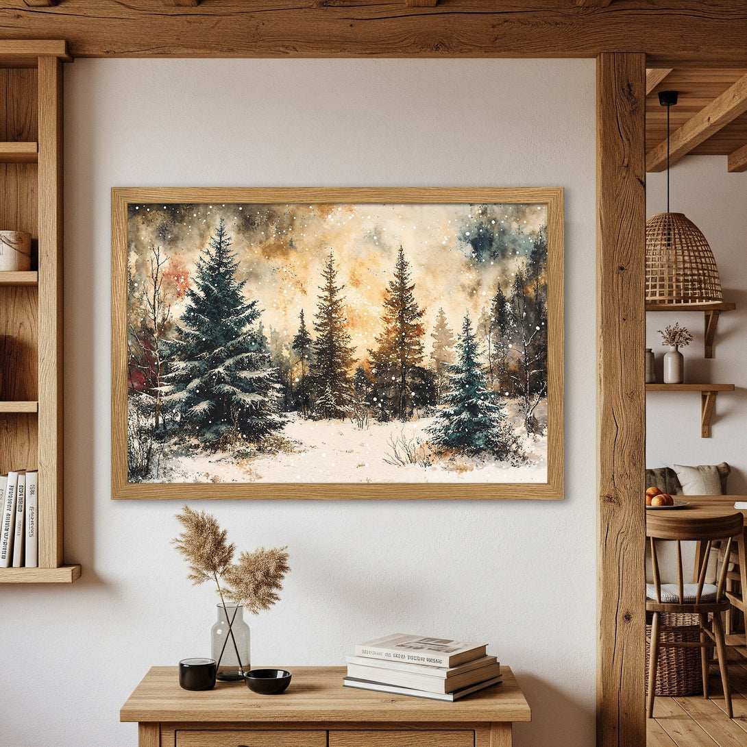 Framed Poster of a winter forest scene in watercolor style. Warm gold and cool teal color palette. Add a touch of nature to your home!