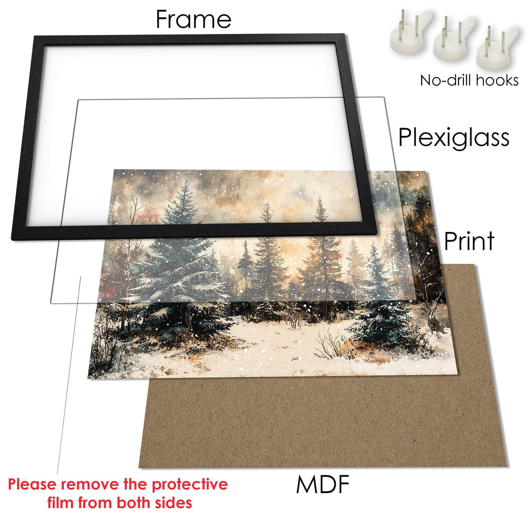 Framed Poster featuring a winter forest scene in watercolor style with a warm, neutral color palette. Perfect wall art!
