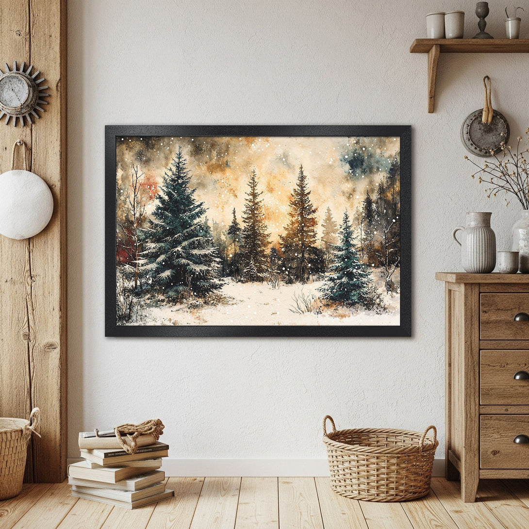 Framed Poster of a winter forest scene in watercolor style. Features a warm, neutral color palette with touches of blue and green.