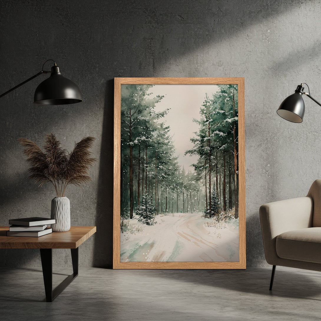 Framed Poster of a snowy forest scene in watercolor style with a muted green and white color palette. Perfect wall art!