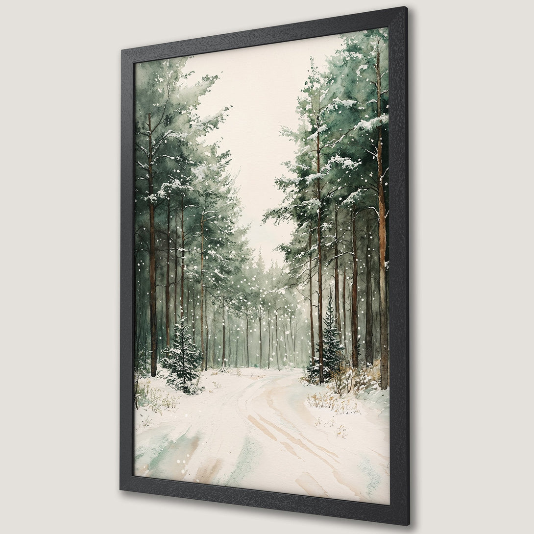 Framed Poster featuring a watercolor winter forest scene with a snowy path, in a serene green and beige palette.