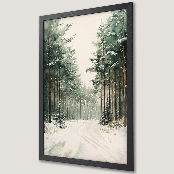 Framed Poster featuring a watercolor winter forest scene with a snowy path, in a serene green and beige palette.