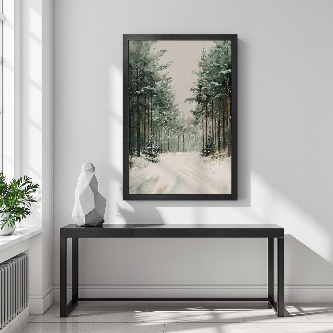 Framed Poster of a snowy forest scene. Watercolor style with a muted green and white color palette. Perfect wall art for a cozy home.