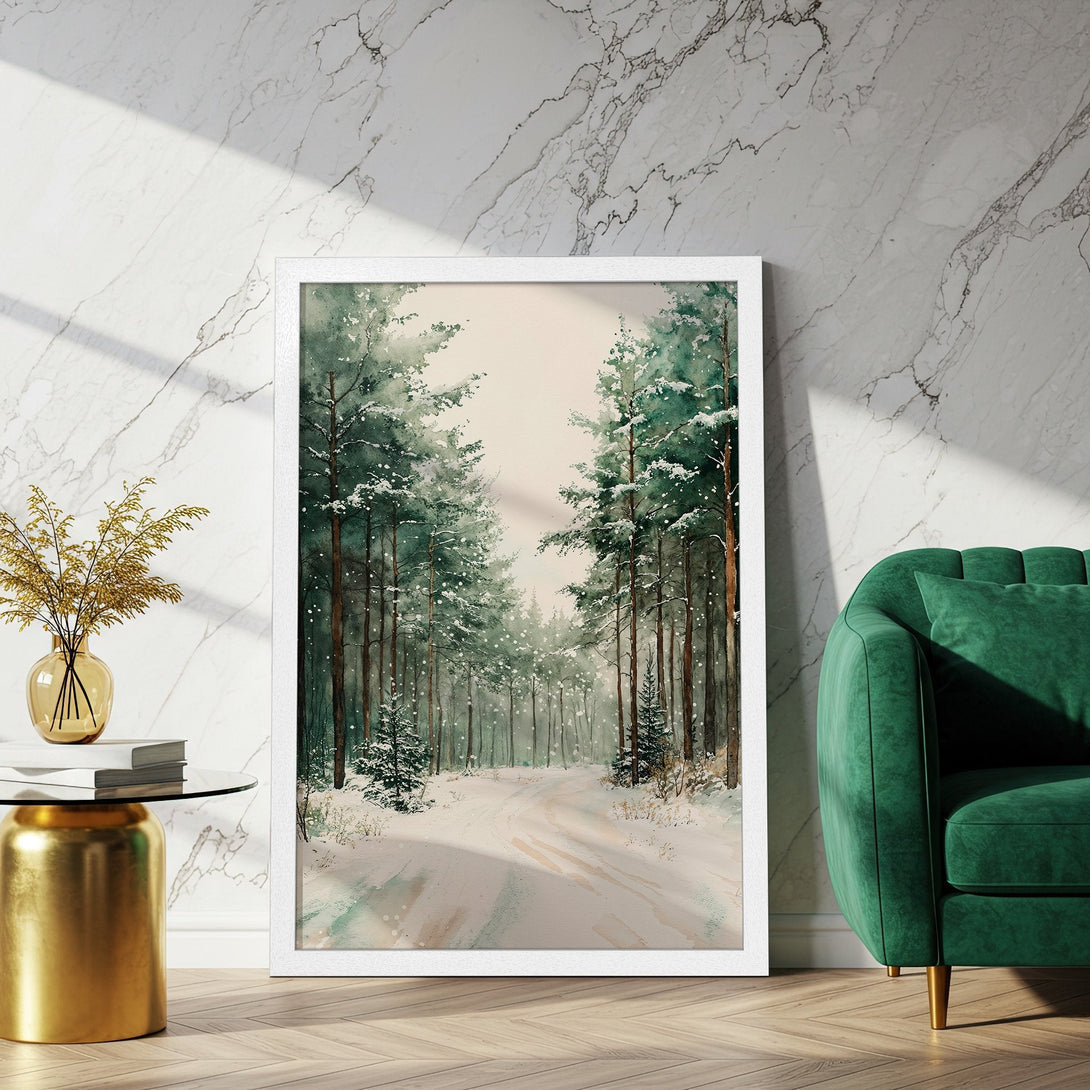 Framed Poster of a winter forest scene in watercolor style, featuring a snowy path. The color palette is primarily green and white.