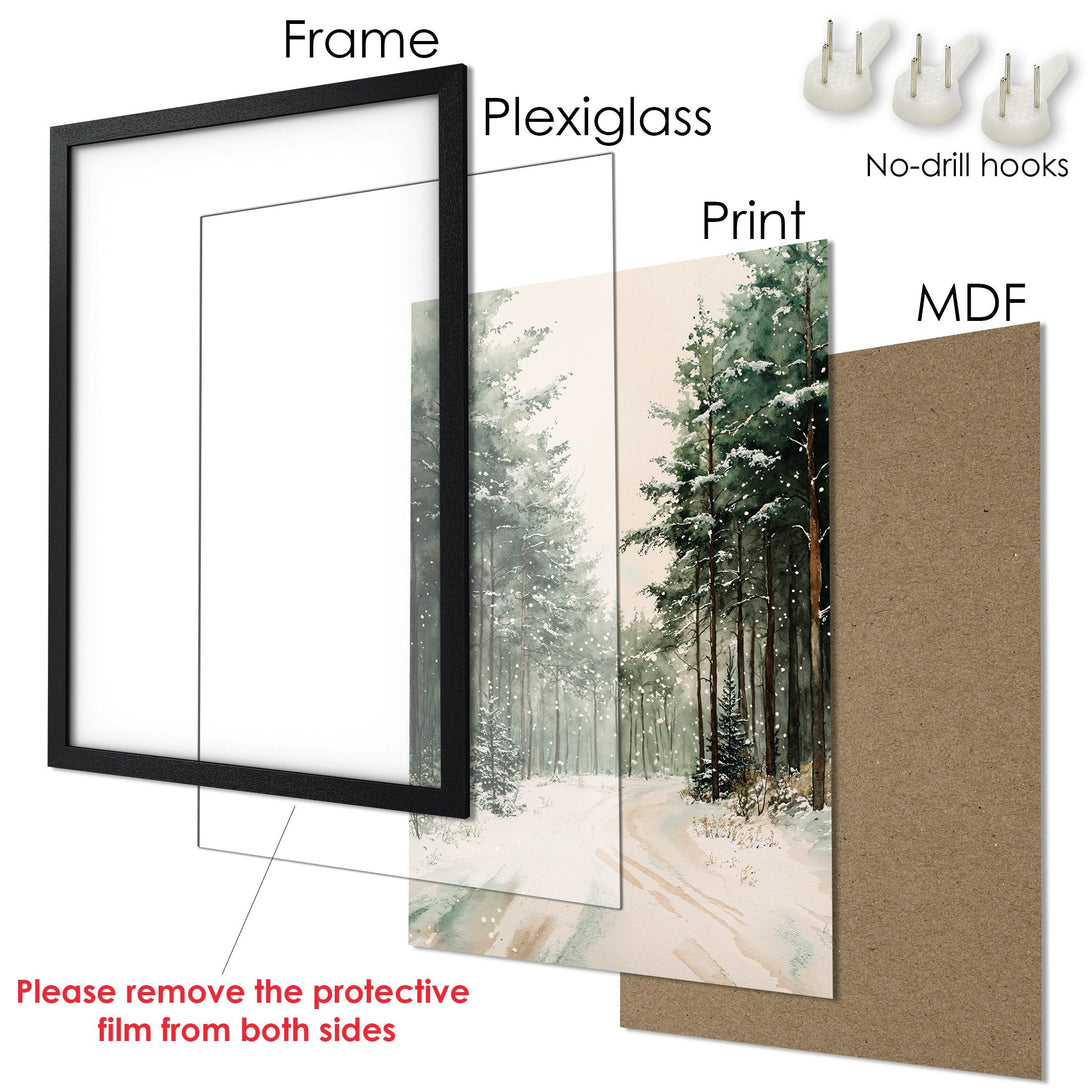 Framed Poster featuring a watercolor winter forest scene in muted greens and browns. Enhance your home decor with this beautiful art print!