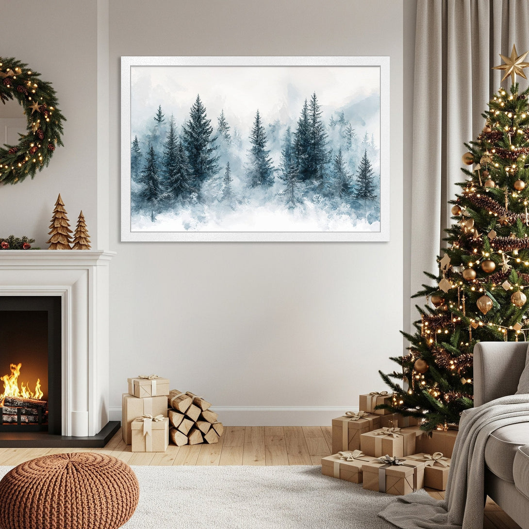 Framed Poster of a misty forest scene in blue and white, perfect for adding a touch of nature to your home decor.