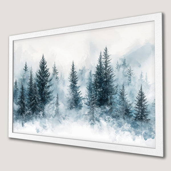 Framed Poster of a serene watercolor forest scene in cool blue and white tones. Add a touch of nature to your home decor!