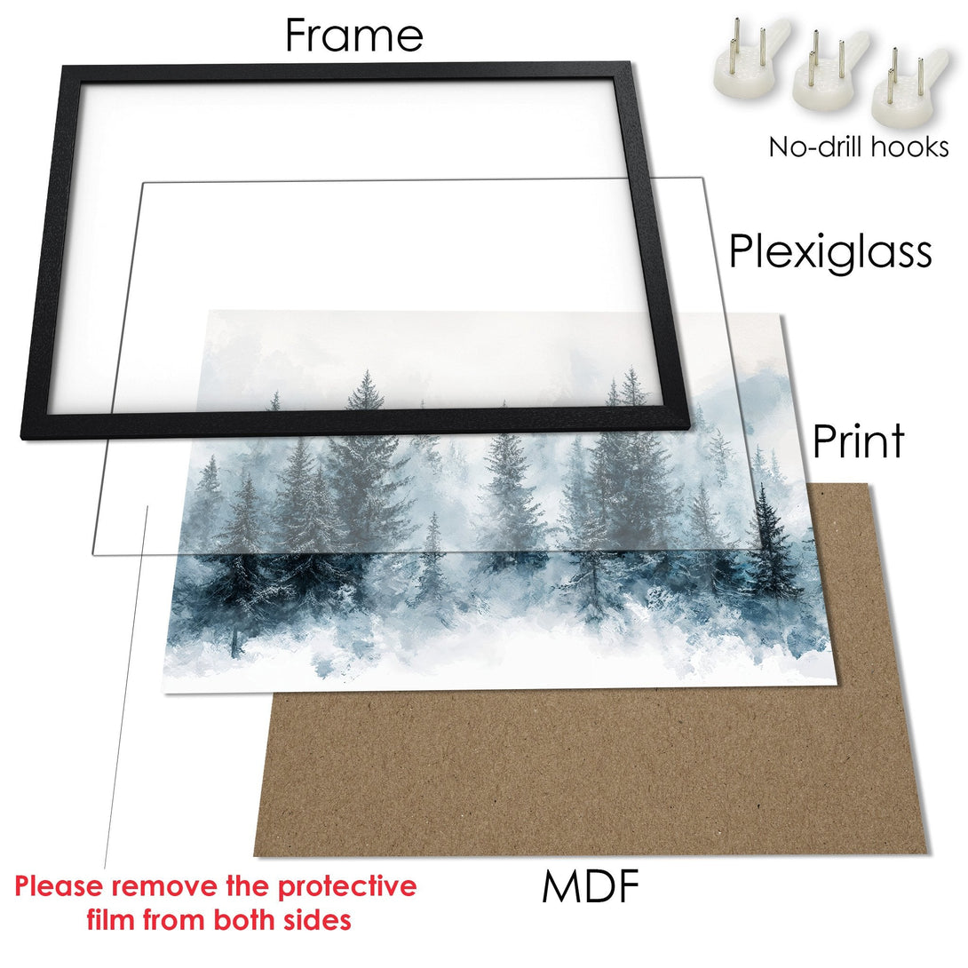 Framed Poster featuring a serene forest scene in a watercolor style, showcasing a calming blue and white color palette. Perfect wall art!