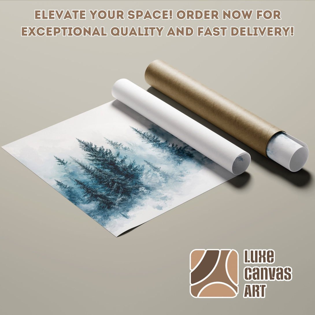 Poster Roll featuring a forest scene in blue and white, perfect for your home decor.