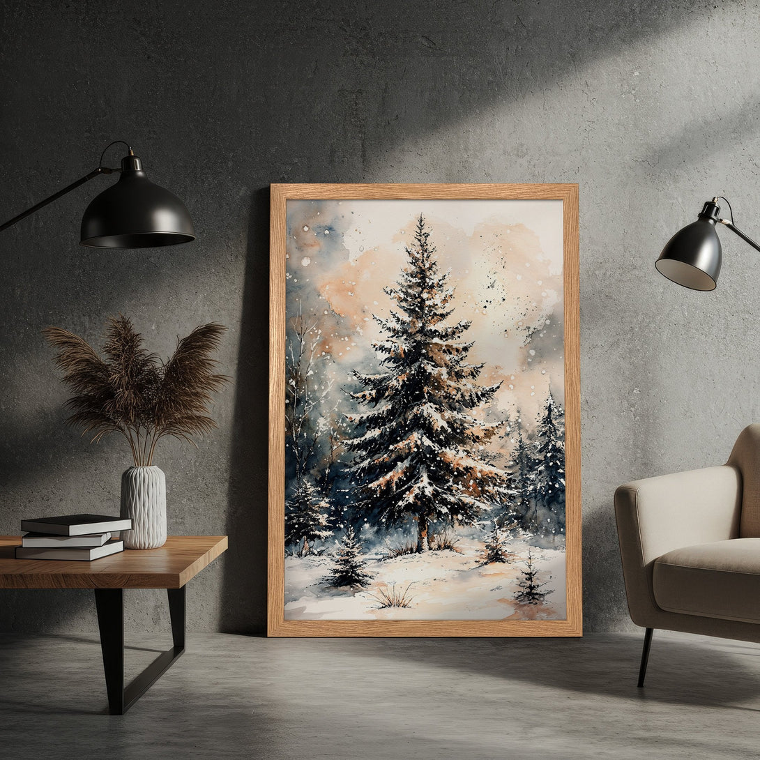 Framed Poster featuring a watercolor winter forest scene with a neutral color palette. Perfect wall art for a cozy home.
