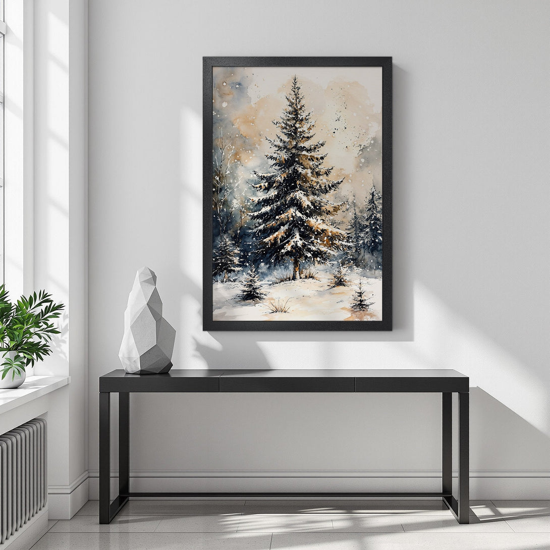 Framed Poster of a winter forest scene in watercolor style. Features a snowy landscape with a warm, neutral color palette. Perfect wall art!