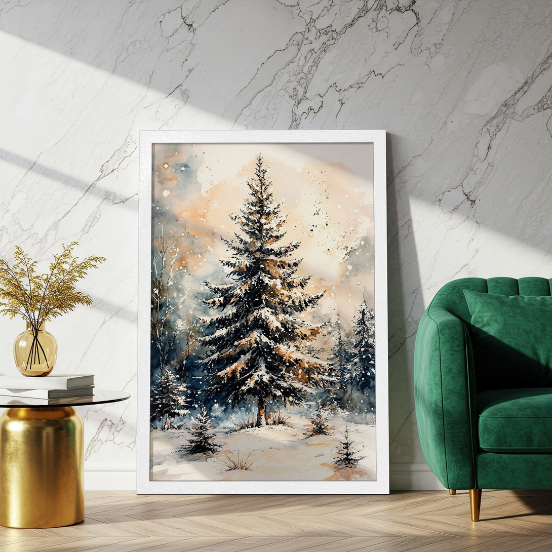Framed Poster of a watercolor winter forest scene. Soft blues, whites, and golds create a cozy, artistic aesthetic. Perfect wall art!