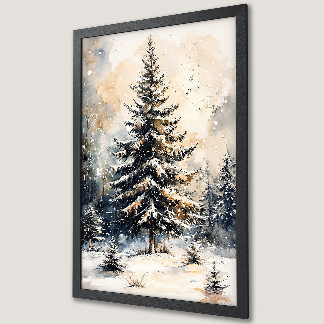 Framed Poster of a winter watercolor scene. Features snow-covered trees in a muted blue, brown, and white color palette. Perfect for cozy decor.