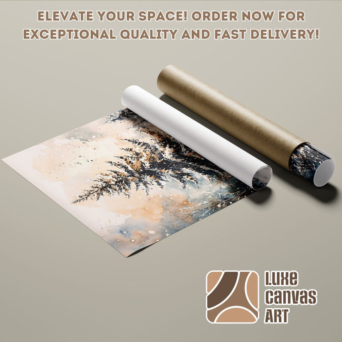 Poster Roll featuring a watercolor landscape art print. Neutral color palette with black, beige, and blue tones. Elevate your space with Luxe Canvas Art!