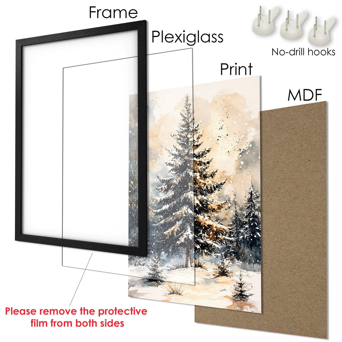 Framed Poster featuring a watercolor winter forest scene in a neutral color palette. Perfect wall art!