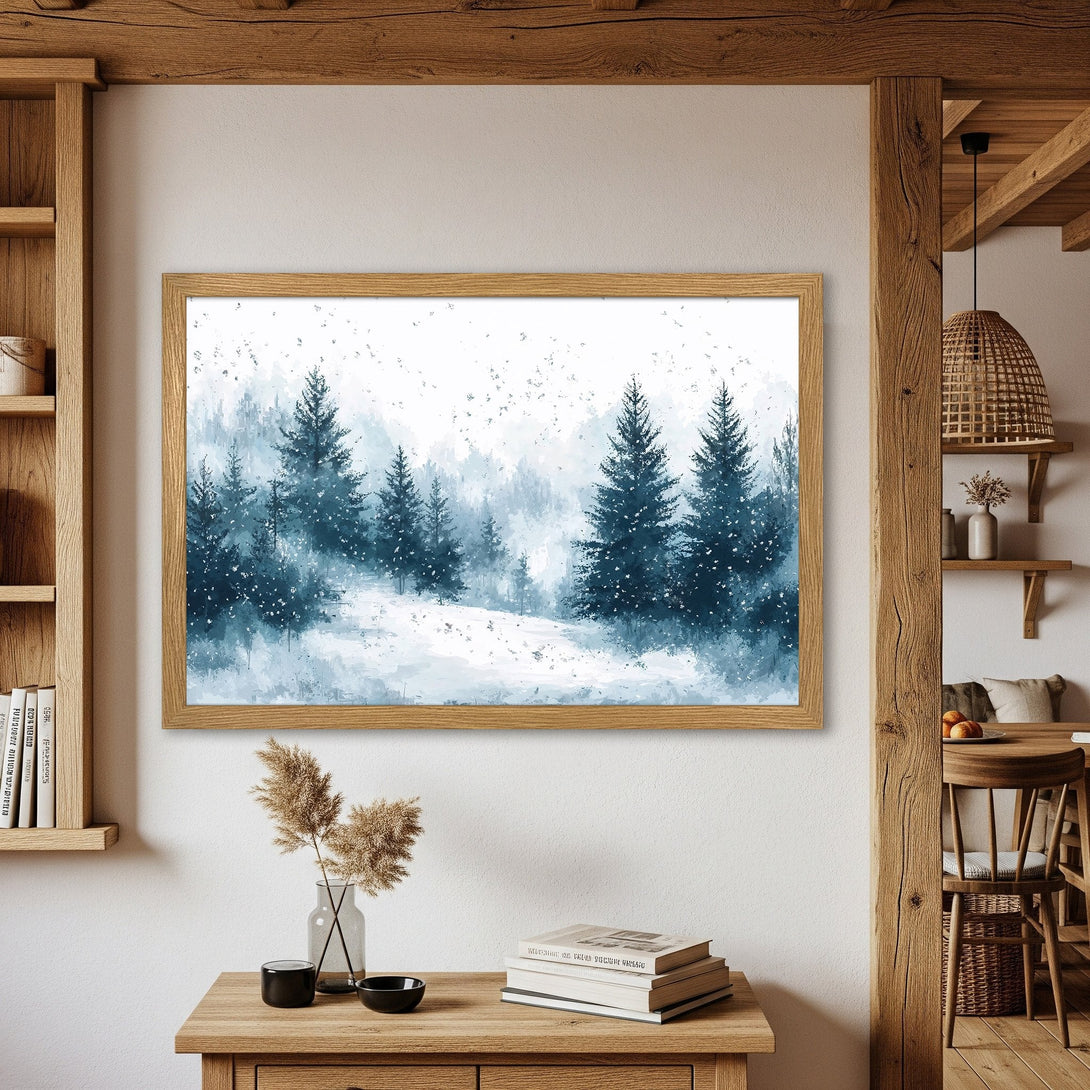 Framed Poster featuring a serene winter forest scene in watercolor style, showcasing a blue and white color palette. Perfect wall art!