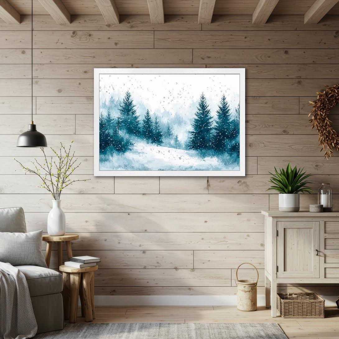 Framed Poster featuring a winter forest scene in a watercolor style with a blue and white color palette, perfect for home decor.
