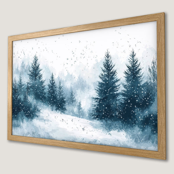 Framed Poster featuring a winter forest landscape in watercolor style, with a cool blue and white color palette.